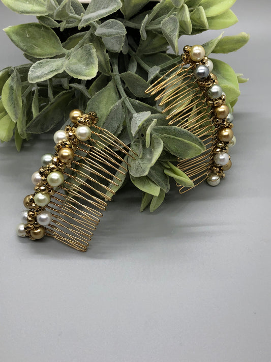 Metallic Gold Beige Gray White Beaded Hair Comb 3.5'' Gold Tone Comb 2pc set Retro Bridal Prom Wedding Party