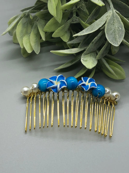 Blue Light Blue Flower Blue White Beads Gold Tone Side 3.5' Comb