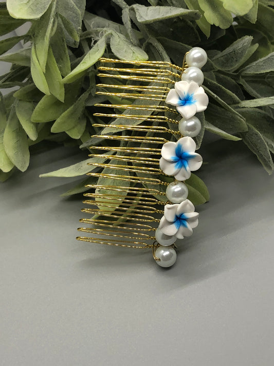 White Blue Flower White Beads Gold Tone Side 3.5'Comb