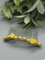 Yellow Flower Beads Silver Tone Side Comb 2pc Set