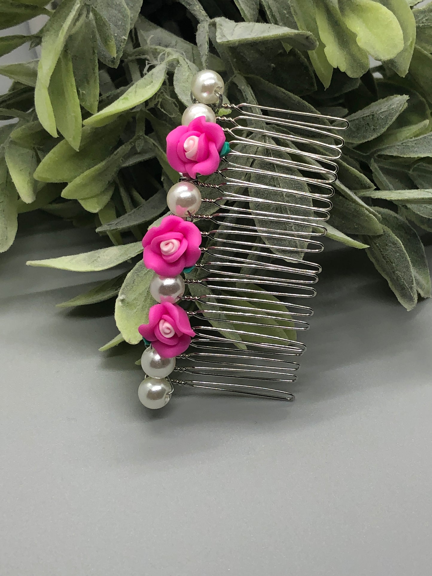 Pink Flowers White Beads Silver Tone Side Comb 1pc