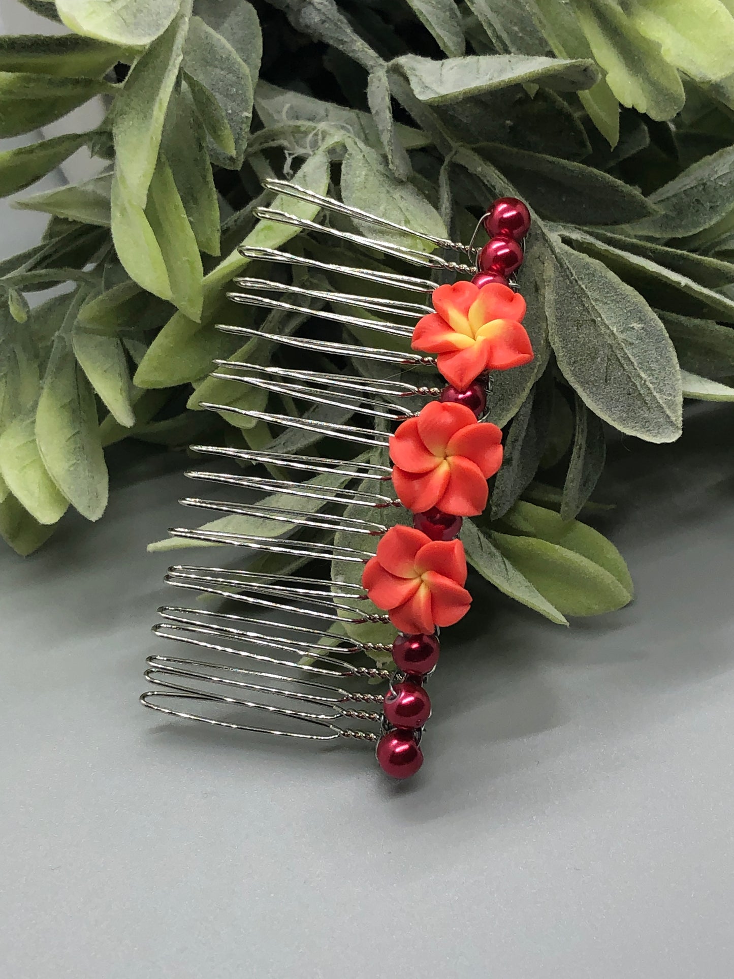 Red Coral  Yellow Flower Beads Silver Tone Side Comb 2pc Set