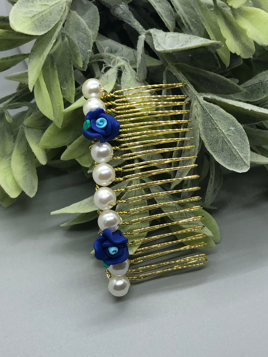 Blue Flower White Beads Gold Tone Side3.5' Comb