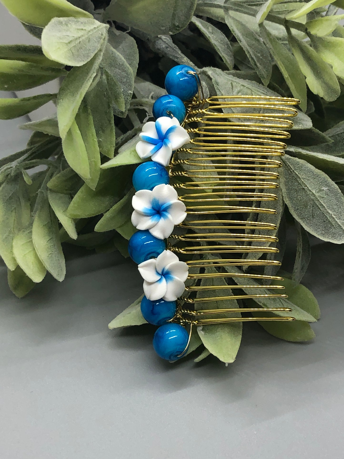 Blue Flowers Blue Beads Gold Tone Side 3.5' Comb 1pc