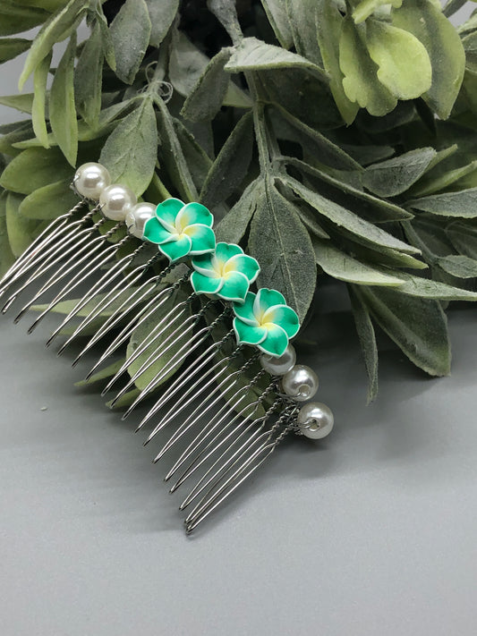 Green Yellow Flower White Beads Tone Side Comb 1pc