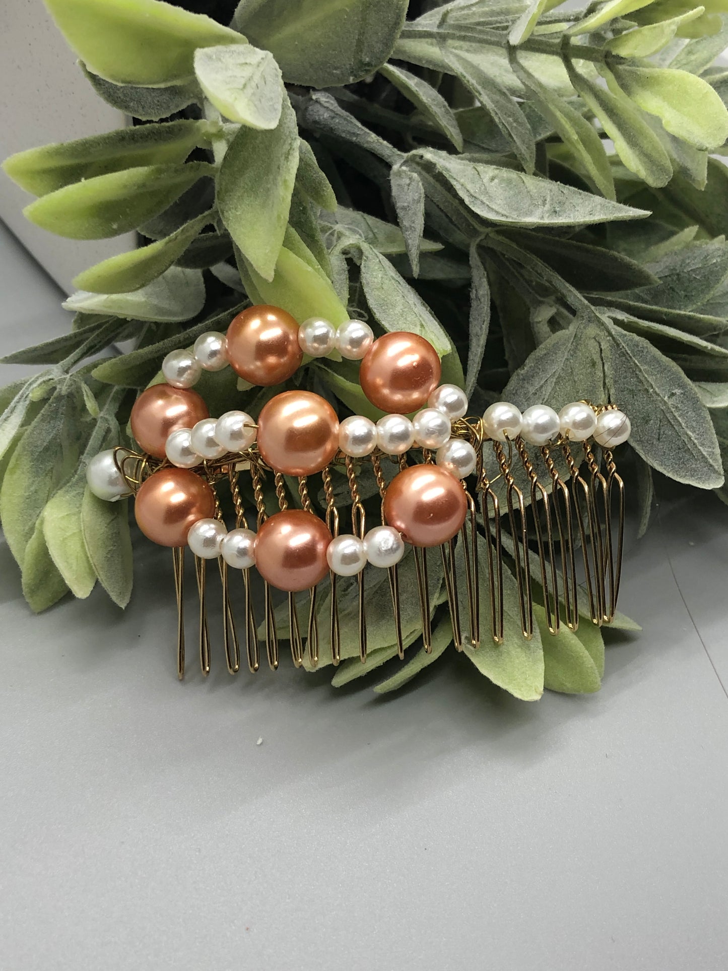 Peach White Large Beads  Side Hair Comb Gold Metal Hair 3.5" Hair Comb Retro Vintage Style 1 pc
