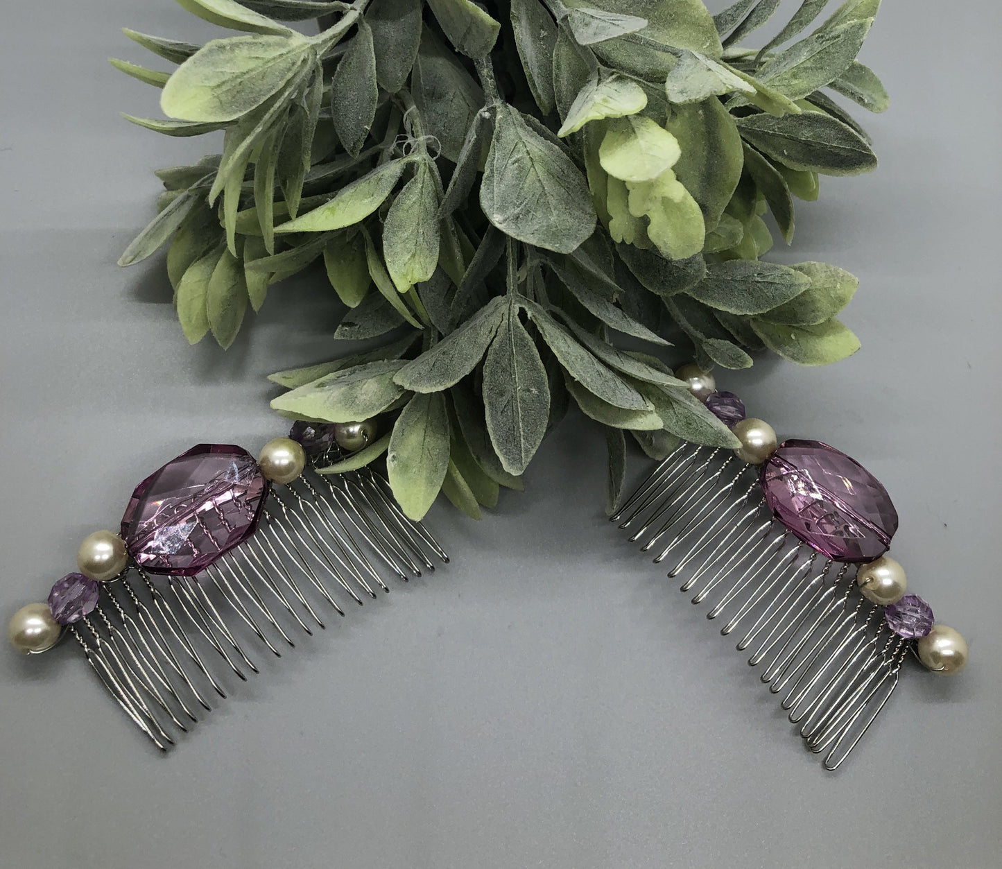 Purple crystal White Beaded  Side Hair Comb Silver Metal Hair 3.5" Hair Comb Retro Vintage Style 2 pc