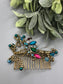 Peacock Teal Pink Gold  Vines Hair Comb 3.5' Gold Comb Retro Bridal Prom Wedding Party