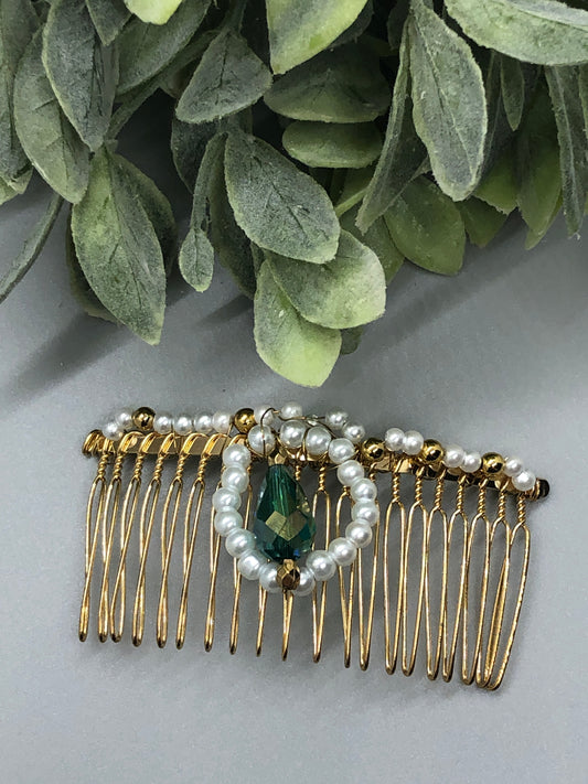 Emerald Green Gold White  Pearl Beaded White Hair Comb Retro Bridal Wedding Party