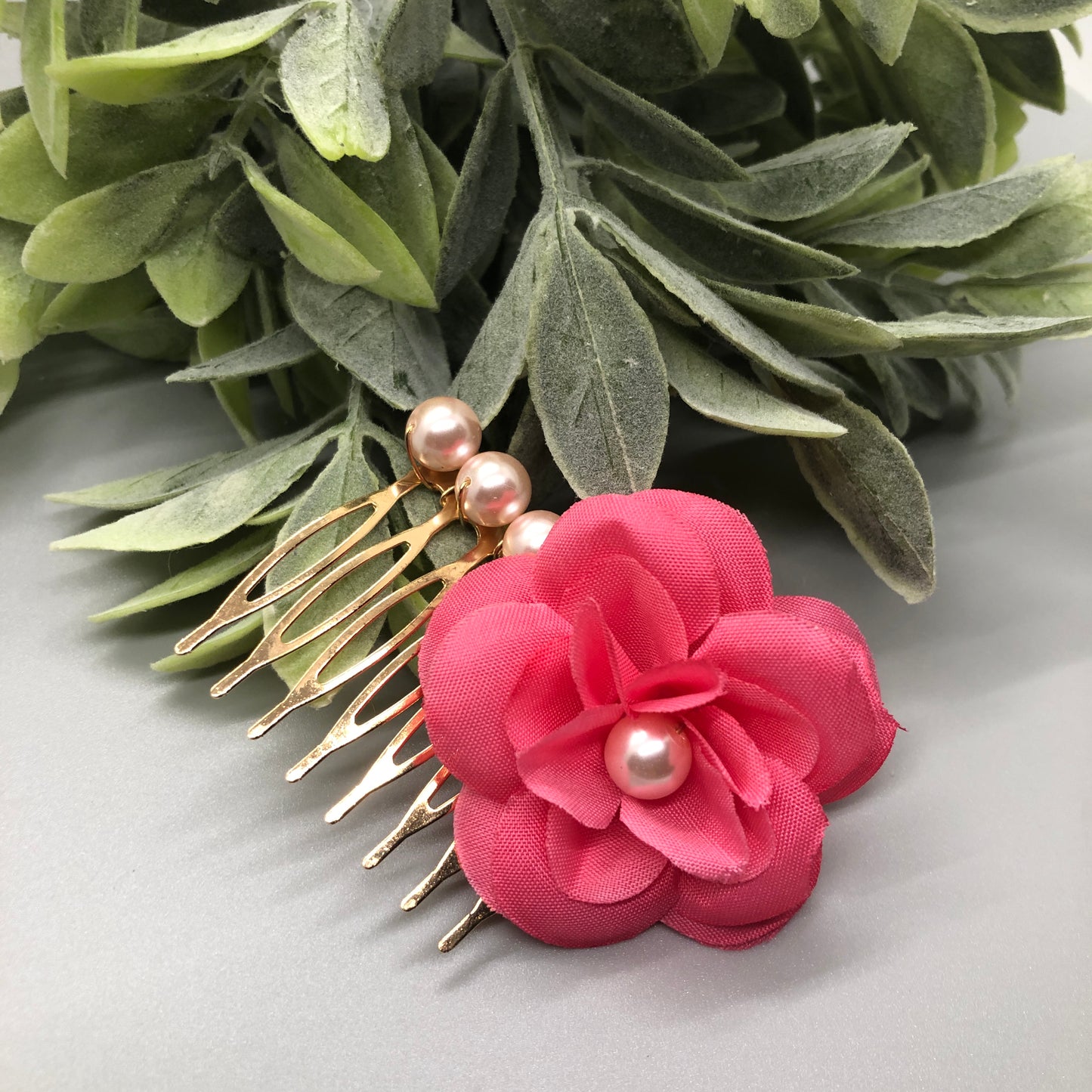 Pink Flower Baby Pink Beads 2.0' Metal Side Comb Retro Vintage Style 1 pc