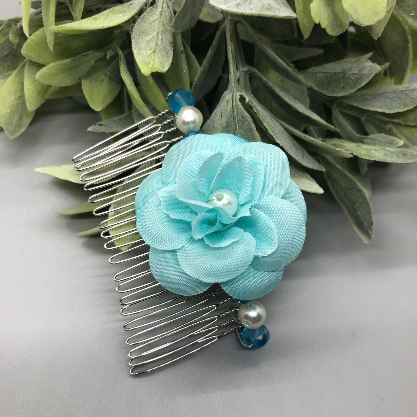 Baby Teal Flower Teal White  Beads 3.5' Metal Side Comb Retro Vintage Style 1 pc