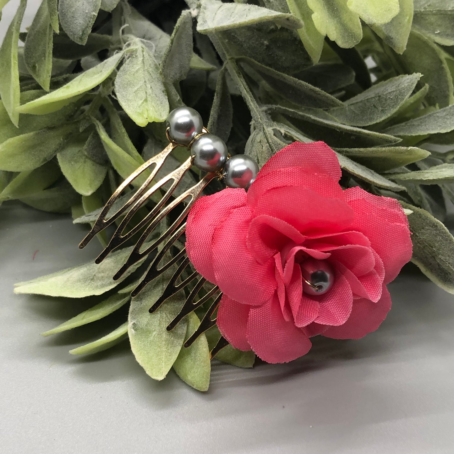 Pink Flower Gray Metallic Beads 2.0' Metal Side Comb Retro Vintage Style 1 pc
