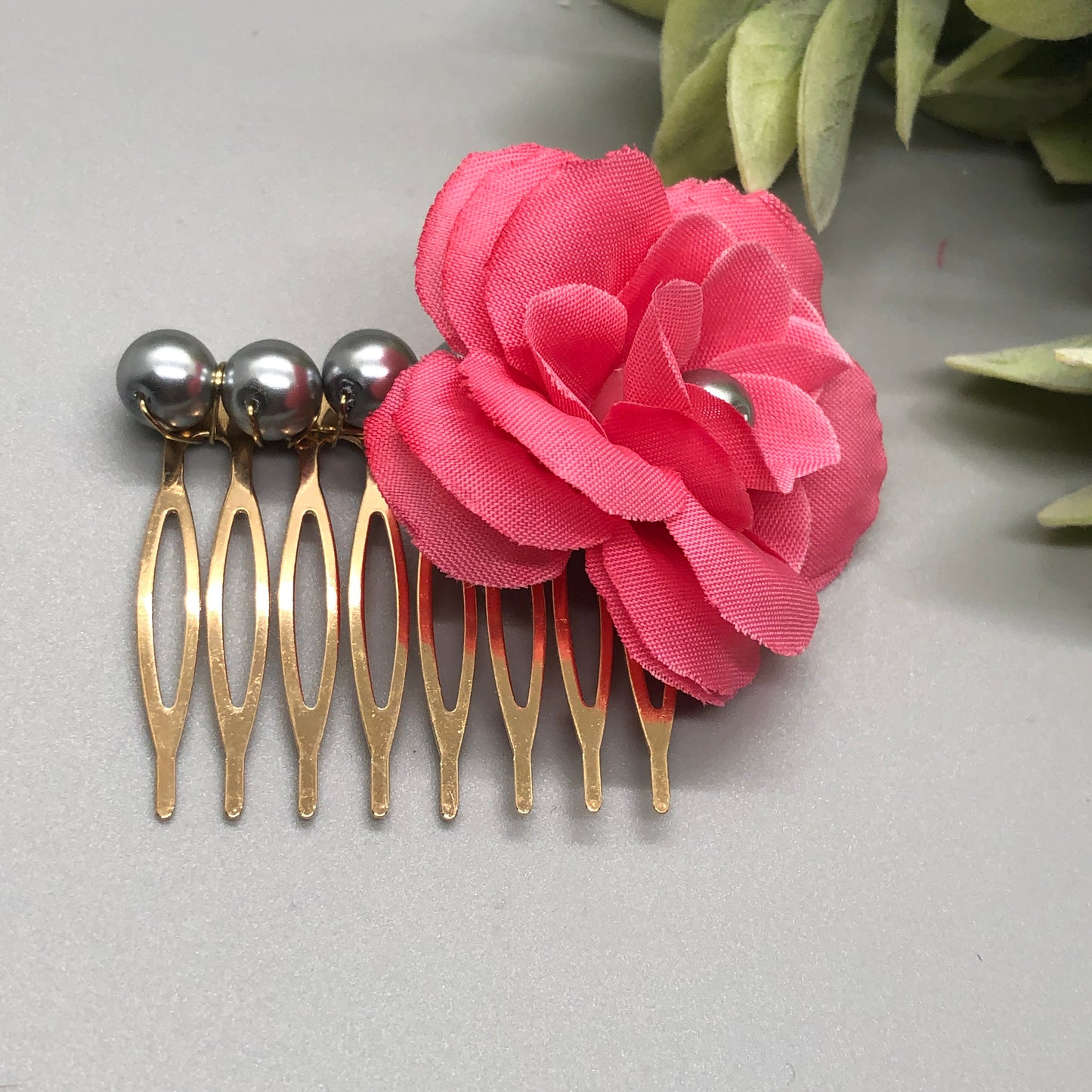 Pink Flower Gray Metallic Beads 2.0' Metal Side Comb Retro Vintage Style 1 pc