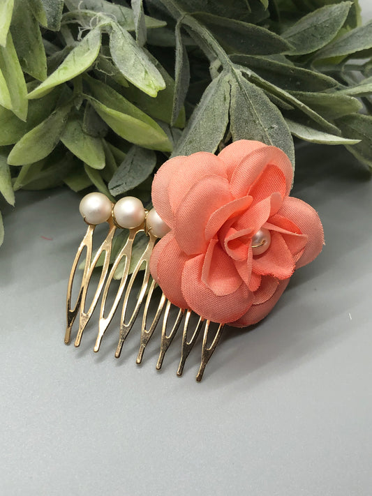 Peach Flower Cream Beige Beads 2.0' Metal Side Comb Retro Vintage Style 1 pc