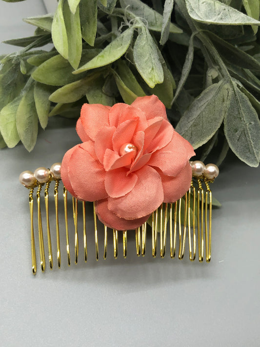 Peach Flower Cream Beige Beads 3.5' Metal Side Comb Retro Vintage Style 1 pc