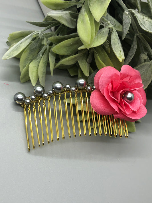 Pink Flower Gray Metallic Beads 3.5' Metal Side Comb Retro Vintage Style 1 pc