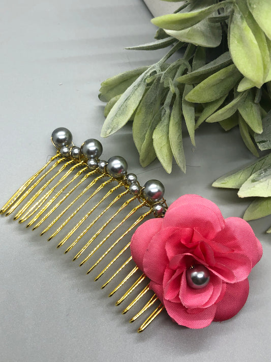 Pink Flower Gray Metallic Beads 3.5' Metal Side Comb Retro Vintage Style 1 pc