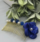 Navy Blue Flower Navy Blue White Beads 3.5' Metal Side Comb Retro Vintage Style 1 pc