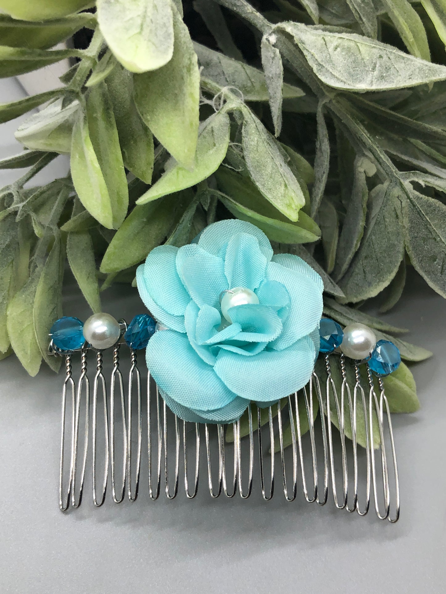 Baby Teal Flower Teal White Beads 3.5' Metal Side Comb Retro Vintage Style 1 pc