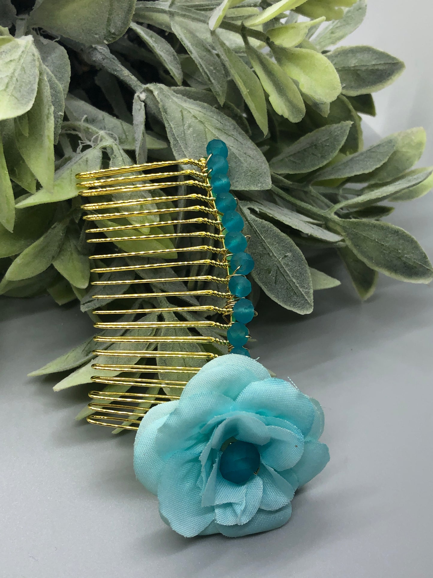 Blue Flower Teal Beads 3.5' Metal Side Comb Retro Vintage Style 1 pc