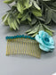 Blue Flower Teal Beads 3.5' Metal Side Comb Retro Vintage Style 1 pc
