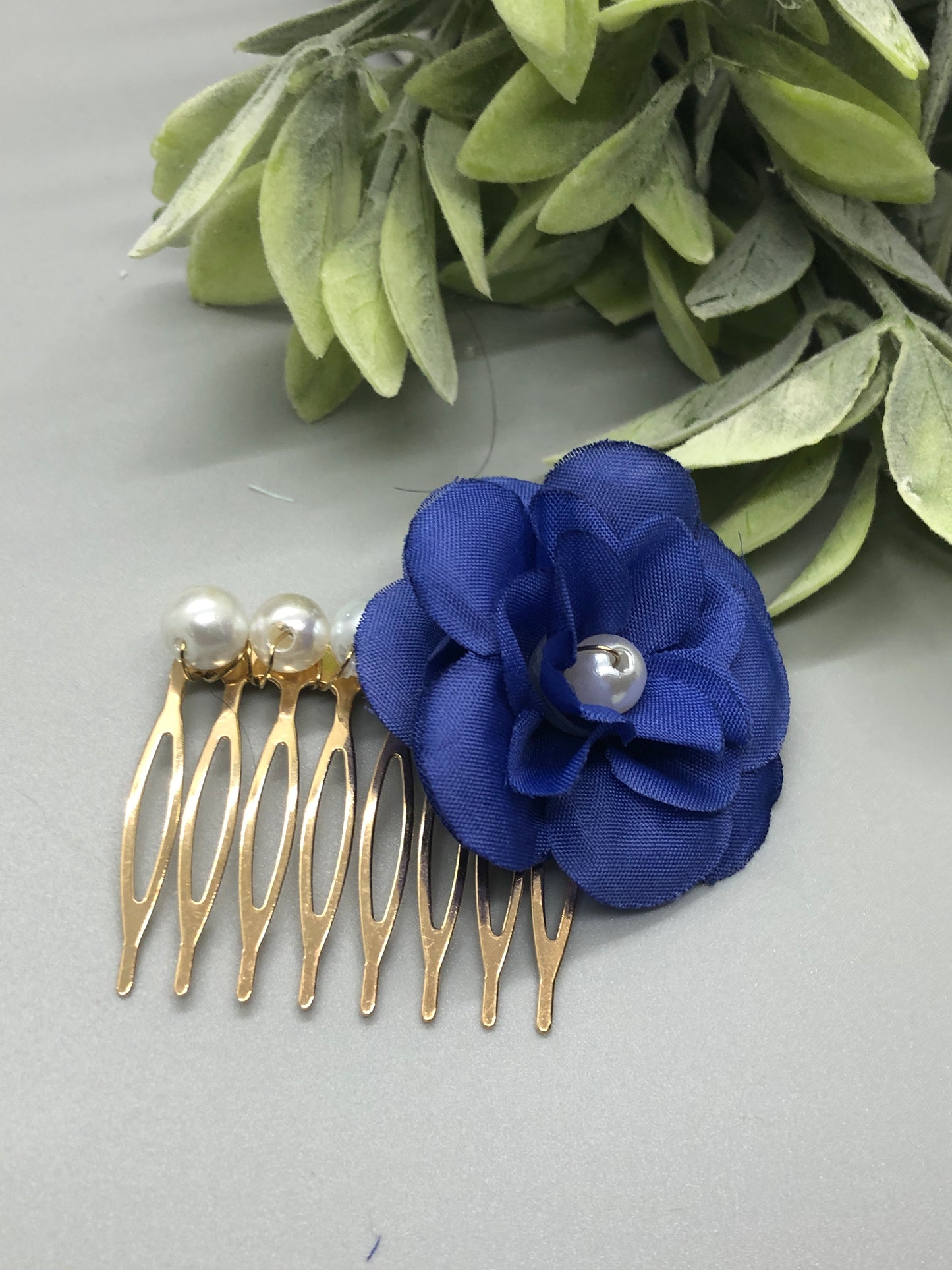 Navy Blue Flower White Beads 2.0' Metal Side Comb Retro Vintage Style 1 pc