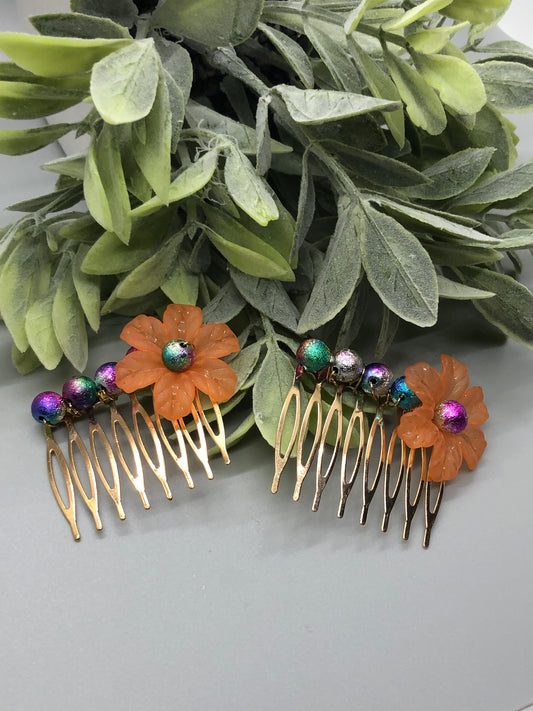 Orange Acrylic Flower Peacock Multi Color Beads 2.0" Metal Side Comb Retro Vintage Style 2 pc