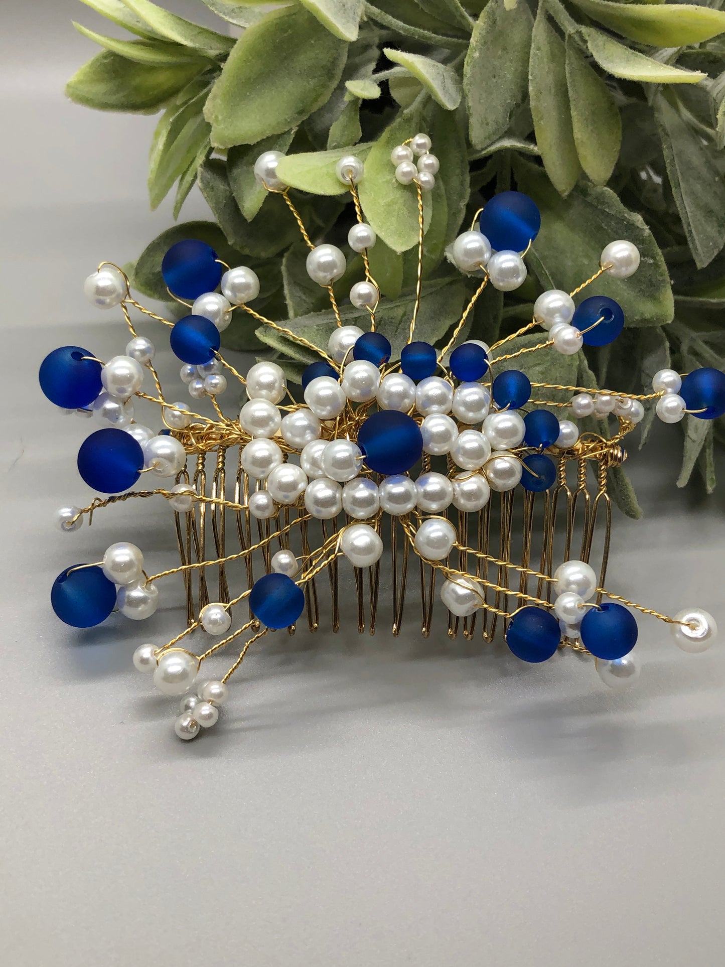 Navy Blue White Beaded  Hair Vines Comb 3.5' Gold Metal Comb Retro Bridal Prom Wedding Party