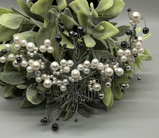 White Silver Pearl Beaded Hair Vines Clip 3.5' Meatal Silver Comb Retro Bridal Wedding Party