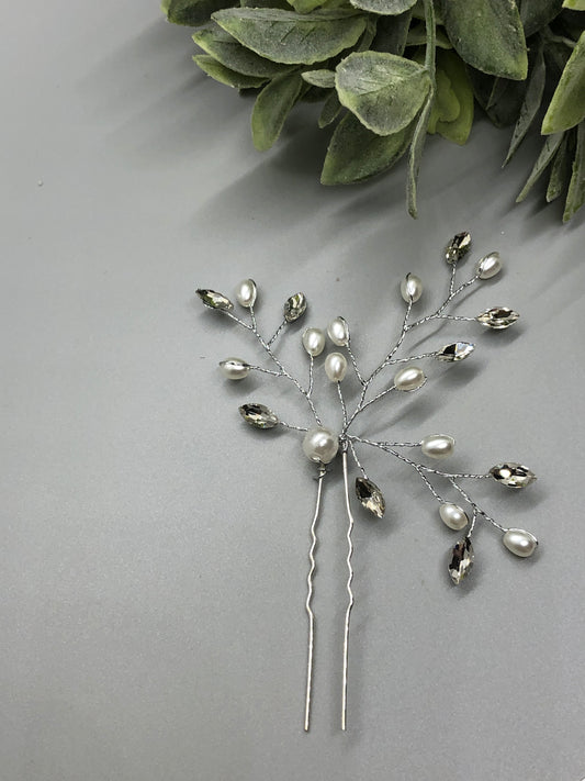 White Clear Crystal Beaded  Hair Pin Silver Metal Comb Retro Bridal Prom Wedding Party