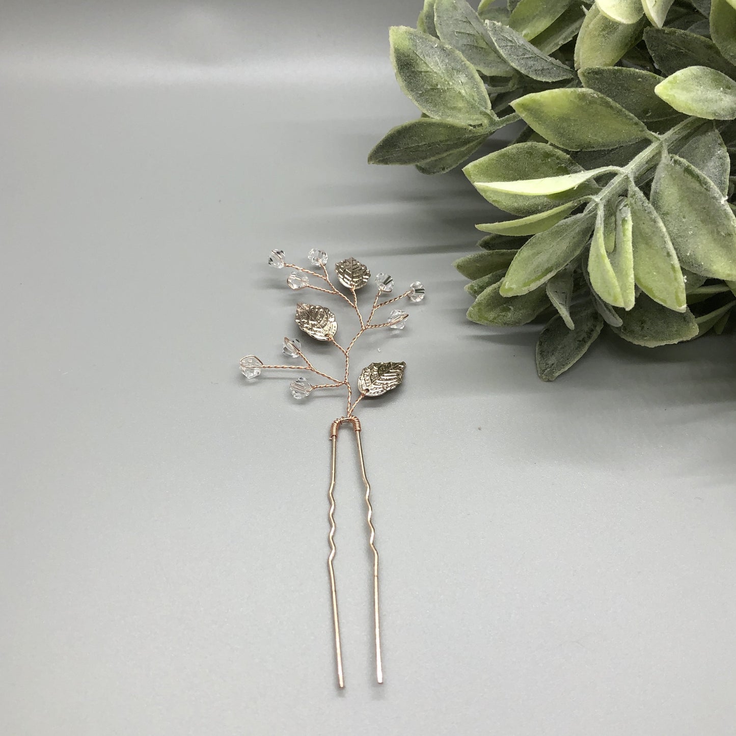 Rose Gold Leaves Clear Crystal Beaded  Hair Pin Metal Comb Retro Bridal Prom Wedding Party
