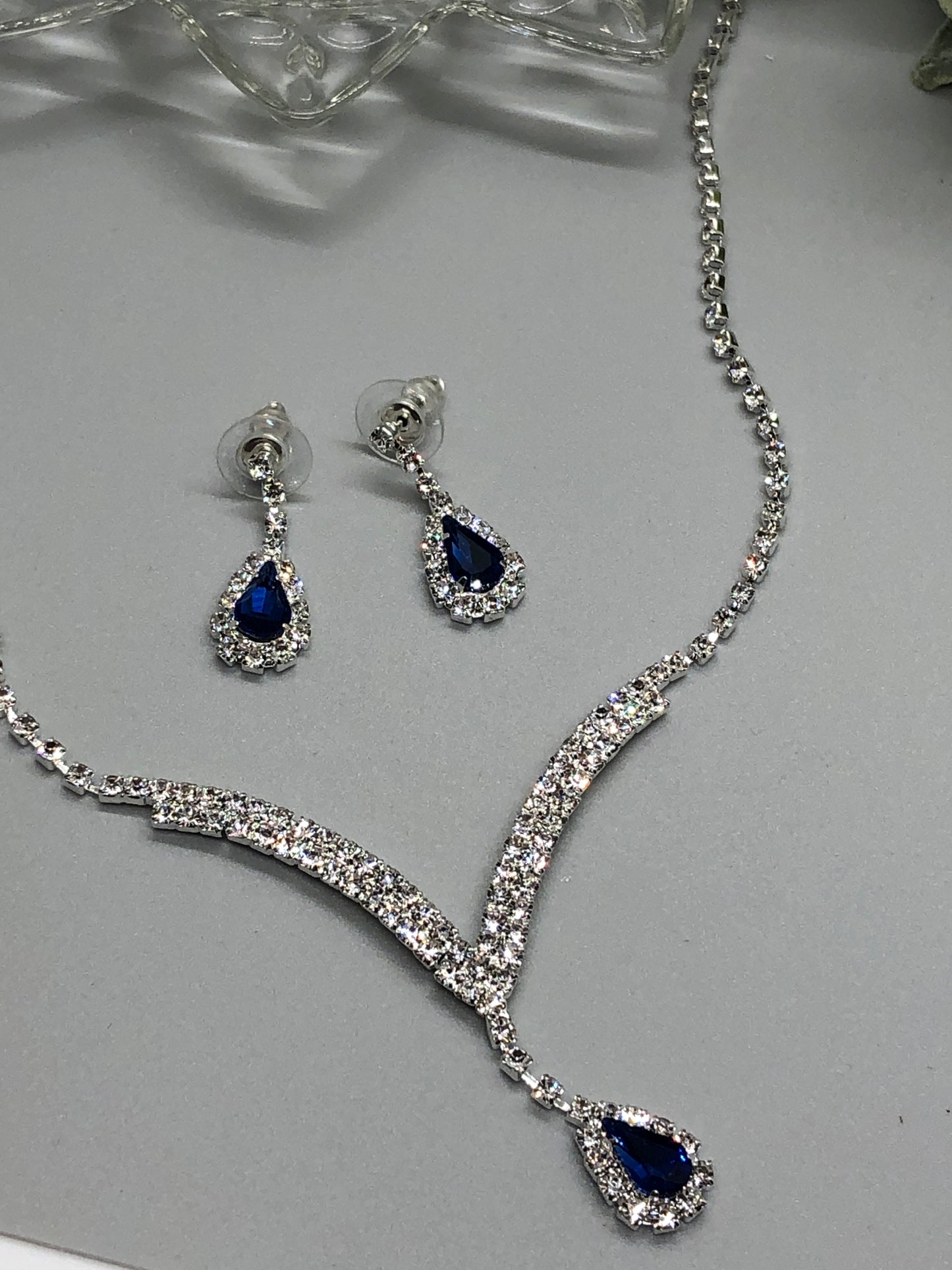 Navy Blue Crystal Rhinestone Bridal Necklace Earrings Sets Wedding Formal Shower Party Event Accessories #007