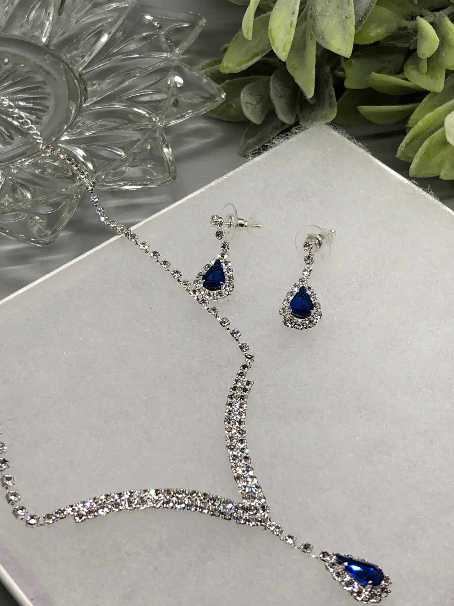 Navy Blue Crystal Rhinestone Bridal Necklace Earrings Sets Wedding Formal Shower Party Event Accessories #007