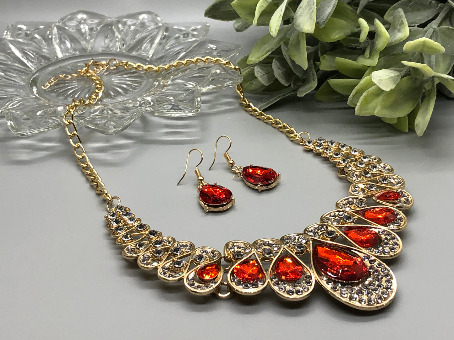 Red Crystal Rhinestone Bridal Necklace Earrings Sets Wedding Formal Shower Party Event Accessories #009