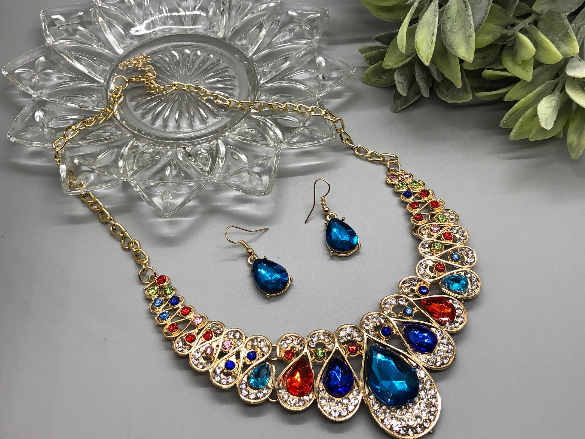 Wholesale Women Fashion Exaggerated Multicolor Floral Rhinestone Necklace  Earrings Set