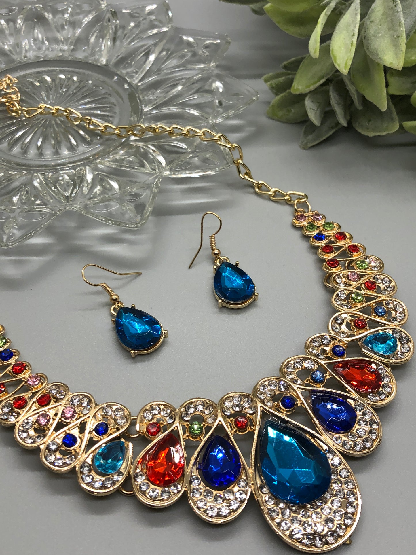 Rainbow Multi Color Crystal Rhinestone Bridal Necklace Earrings Sets Wedding Formal Shower Party Event Accessories #011