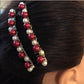 Ruby Red White Pearl Beaded Hair Comb Retro wedding Party Prom  2 Piece Set