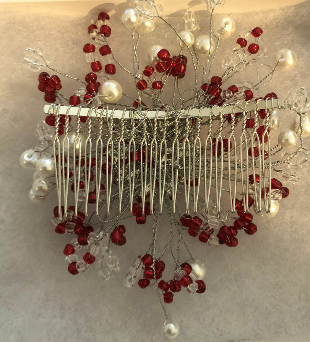 Red Rhinestone Flower Red White Pearl Beaded White Hair Clip Comb Retro Bridal Wedding Party