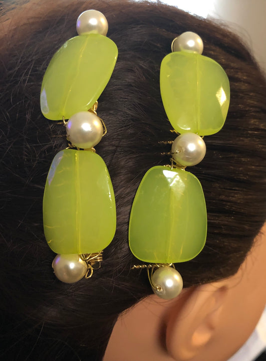 Lime Green Gold White Pearl Beaded White Hair Comb 2pc Set Retro Bridal Wedding Party