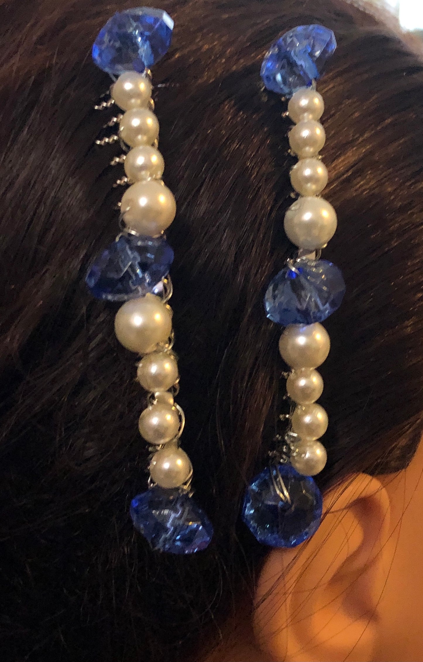 Blue White Pearls Beaded Hair 3.5'Comb Retro Bridal Wedding Party Prom 2 pc