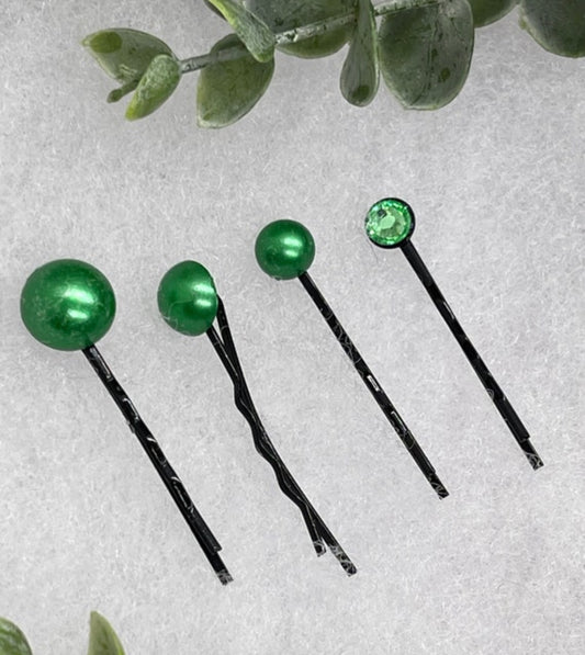 4 pc set Emerald green faux Pearl crystal hair pins approximately 2.5” long metal hair accessory bridal wedding Retro