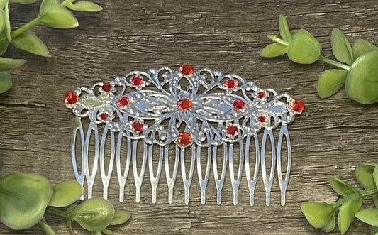 Ruby Red crystal rhinestone Comb on 3.5” silver Metal Hair Comb accessory Handmade Retro Bridal Prom birthday