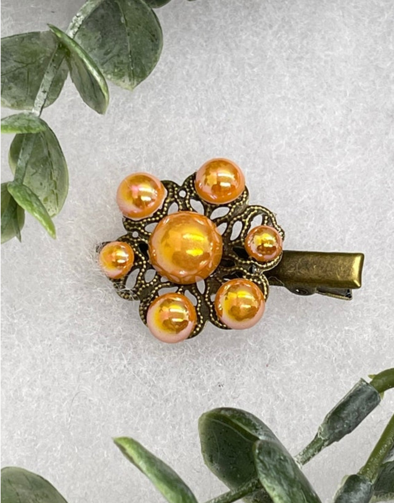 Orange Pearl Flower vintage antique style alligator clip approximately 2.0” long hair accessory bridal wedding Retro