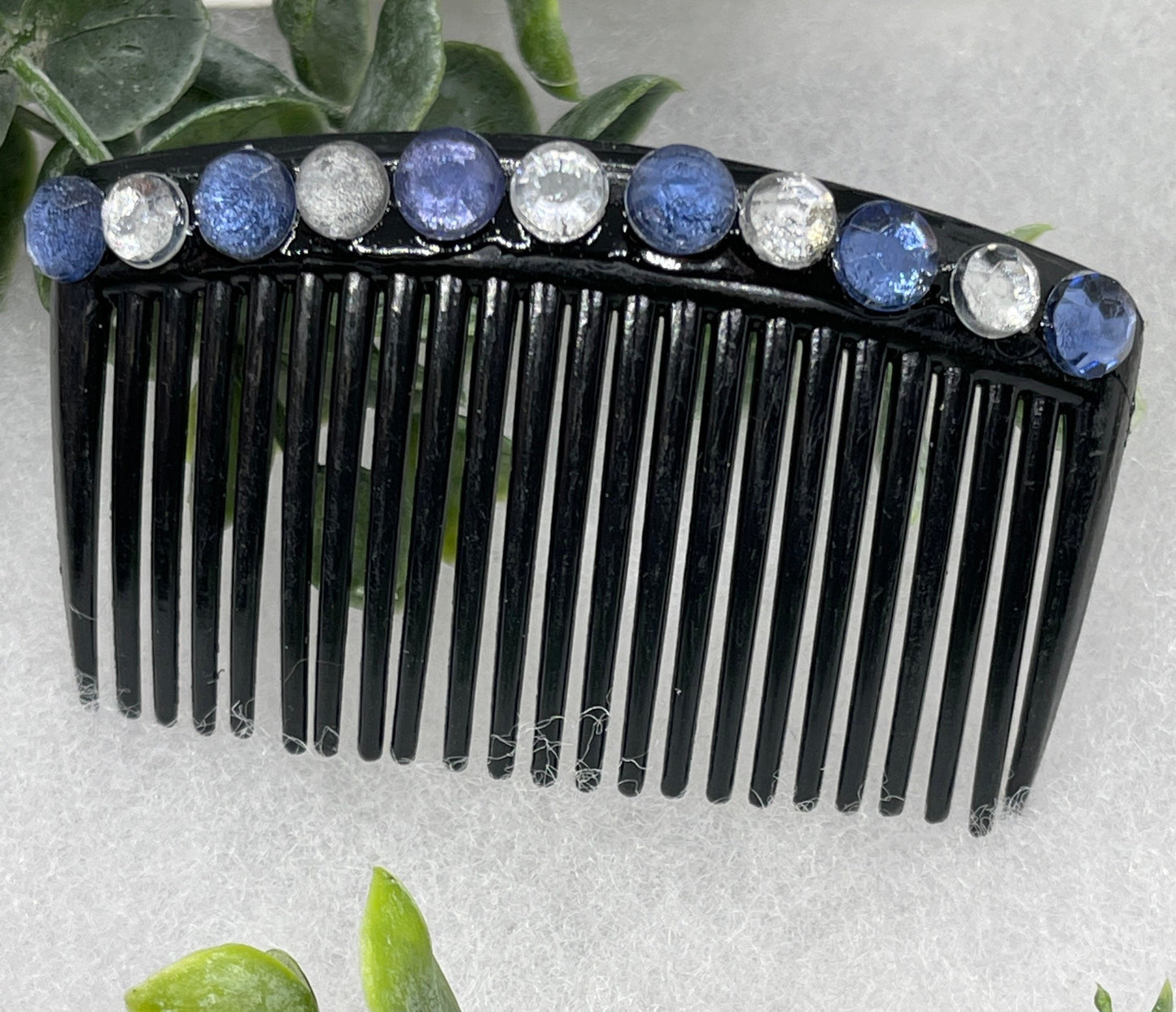 Blue faux crystal rhinestone side comb 3.5” black plastic hair accessory bridal wedding Retro Bridal Party Prom Birthday gifts