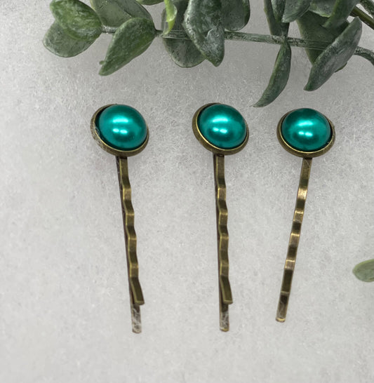 Teal faux pearl 3 pc set Antique vintage Style approximately 3.0” hair pin wedding engagement bride princess formal hair accessories