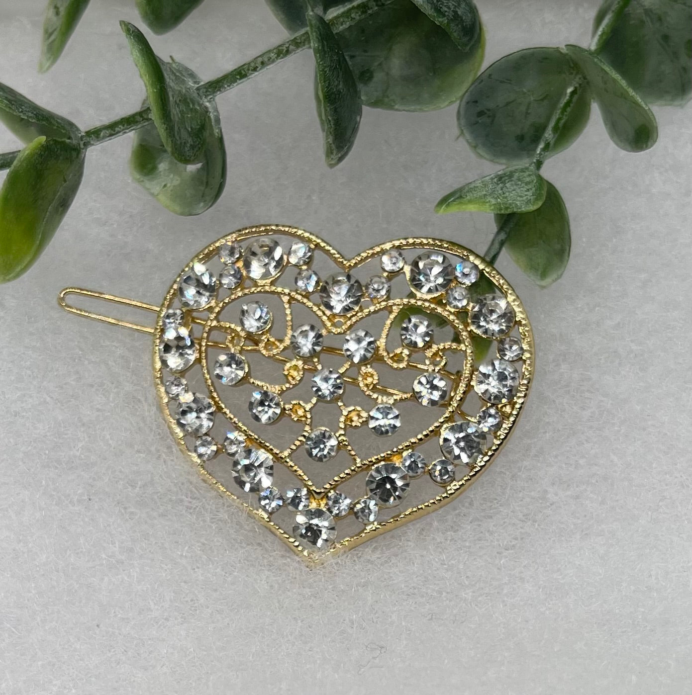Clear Crystal rhinestone heart gold tone hair clip approximately 2.0” long hair accessory bridal wedding Retro Bridal Party Prom Birthday gifts