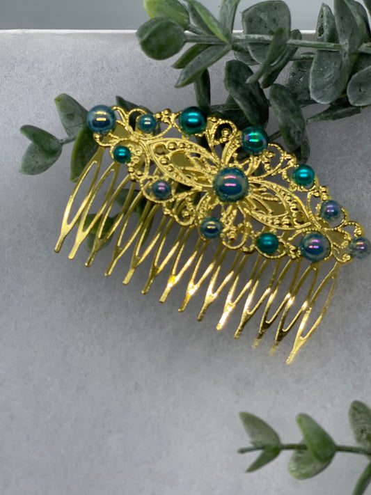 Green blue iridescent pearls vintage style  side comb hair accessories gift birthday 3.5” Metal side Comb