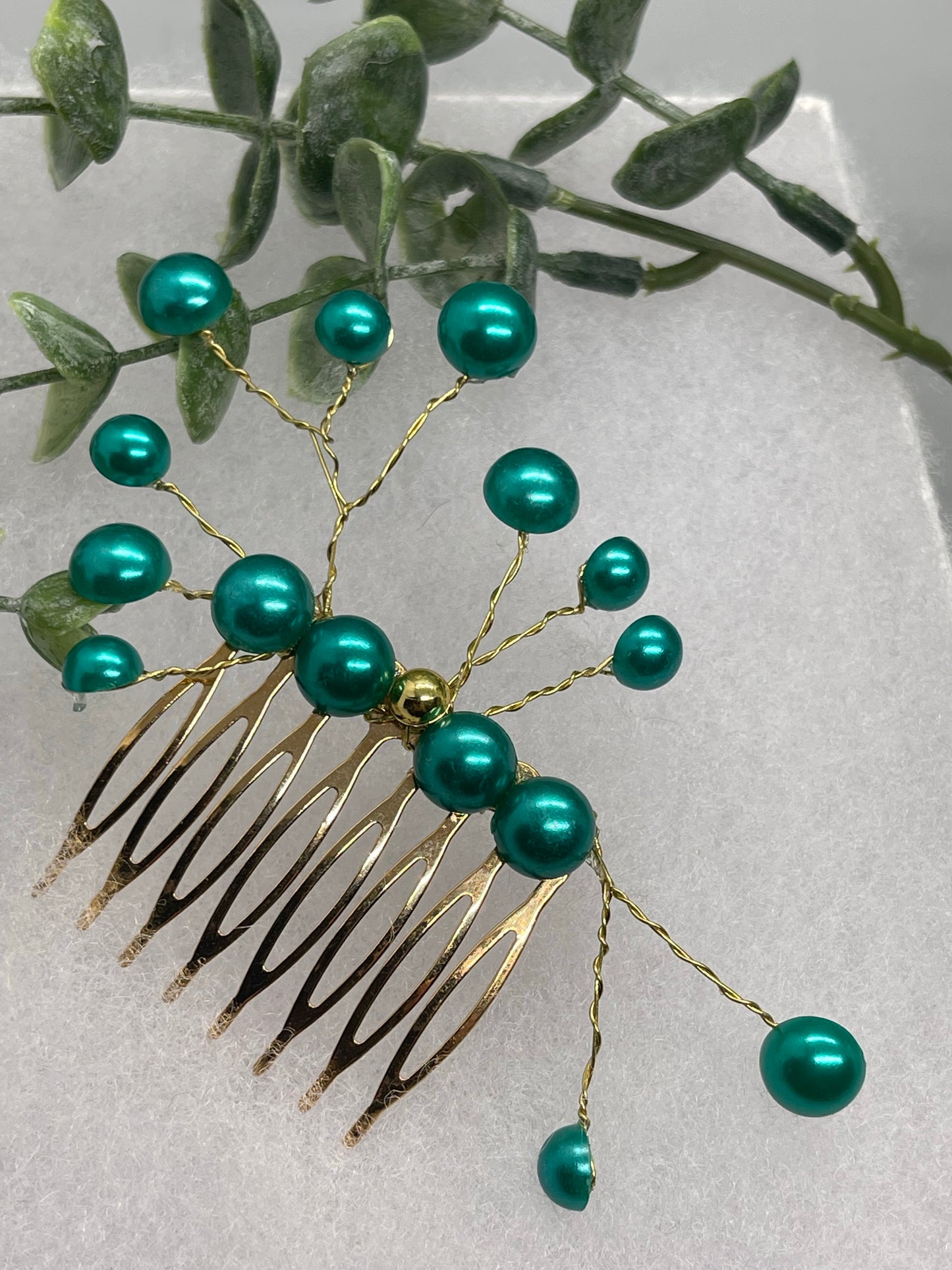 Teal faux Pearl 2.0” gold tone bridal side Comb accents vine handmade by hairdazzzel wedding accessory bride princess