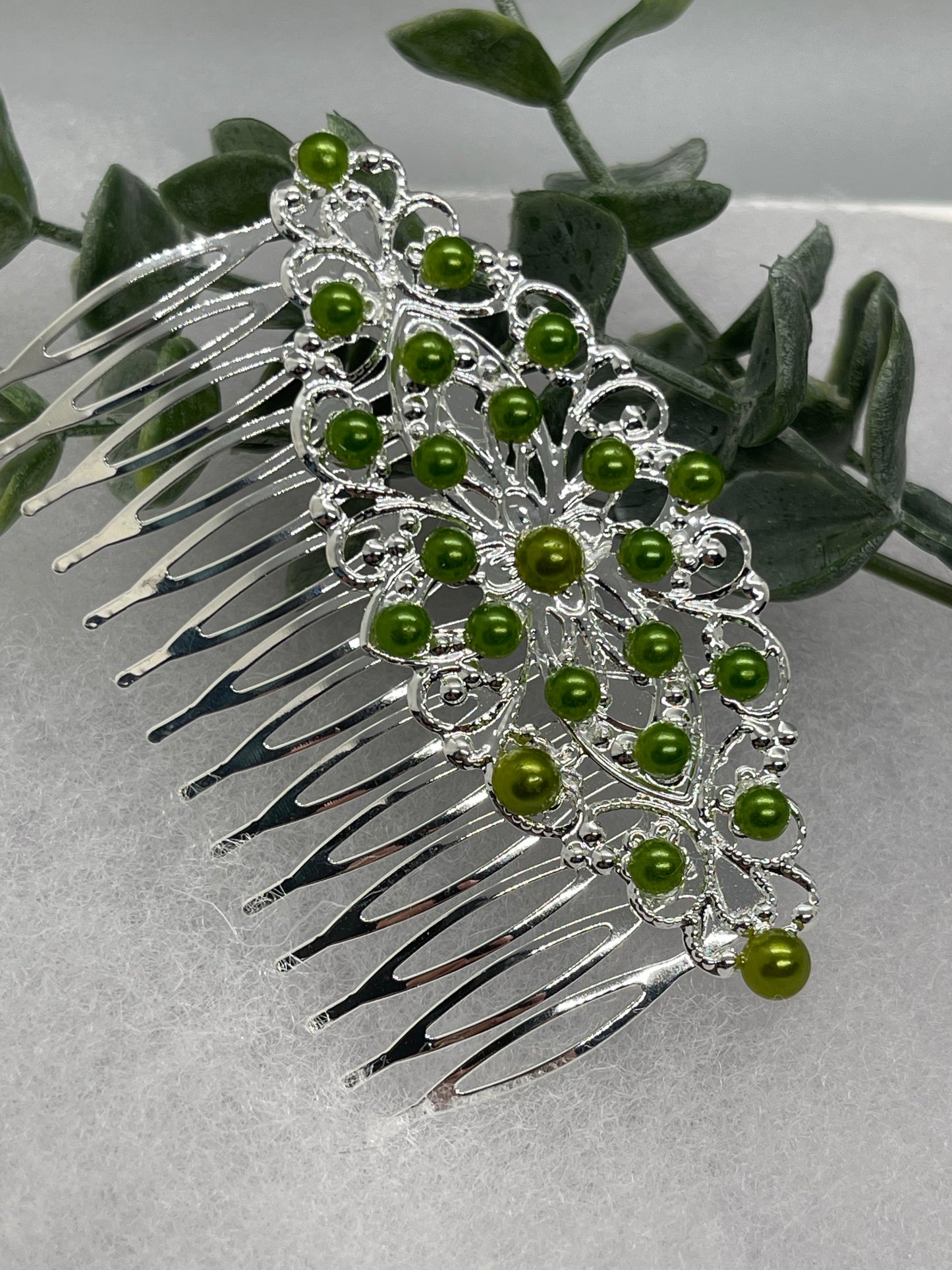 Green Pearl 3.5” side Comb silver Antique vintage style bridal Wedding shower sweet 16 birthday princess bridesmaid hair accessory