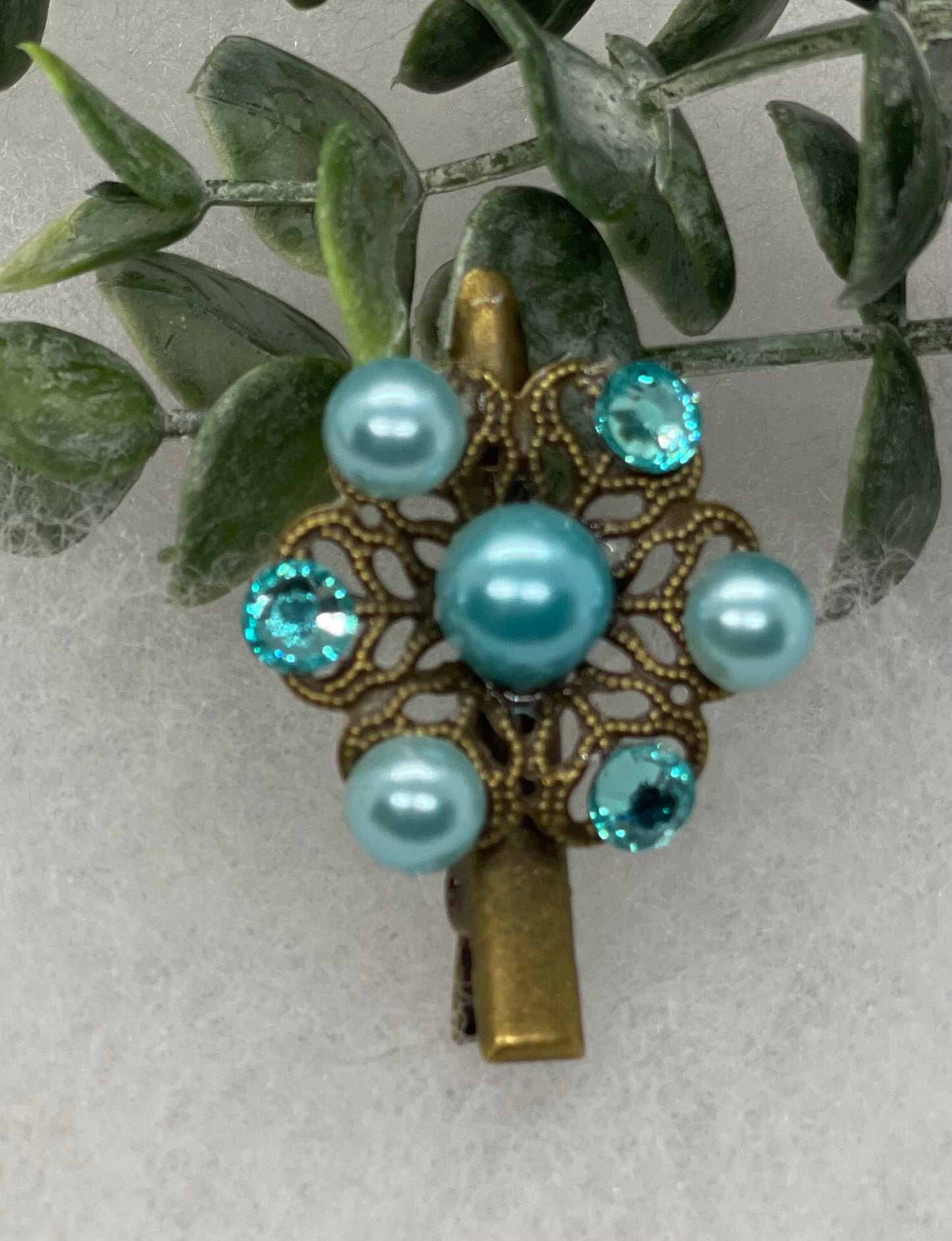 Blue teal Crystal faux pearl vintage antique style flower hair alligator clip 2.0” Handmade hair accessory bridal wedding